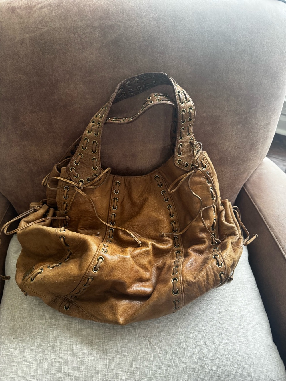 Kooba Sienna Caramel Leather Grommet Lace Cinch Hobo Bag, Lavender Lining
